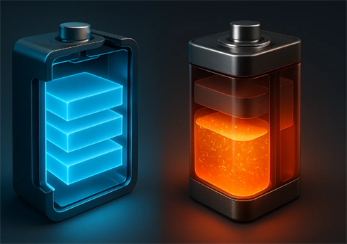 Cross-section comparison of solid-state (blue) and traditional liquid (orange) batteries, illustrating their structural differences for safety redundancy.