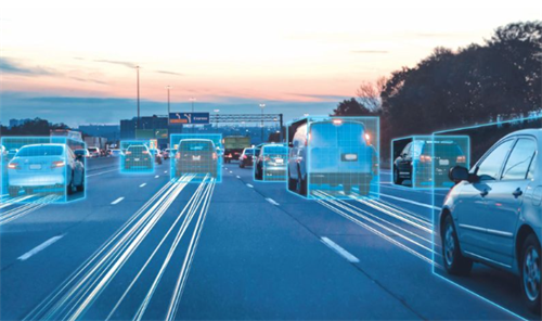 Highway scene with cars surrounded by blue sensor boxes, illustrating advanced object detection used in L2+ and L2++ systems.