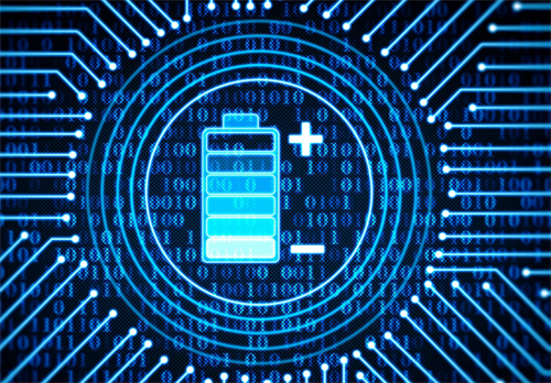 A glowing battery icon on a digital circuit background, representing advanced battery technology and cycle life monitoring.