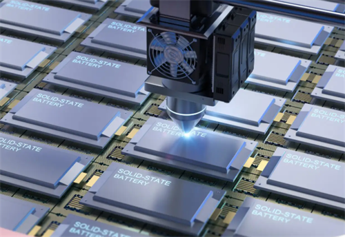 Solid-state battery cells being manufactured in a high-tech factory, showing the production side of next-gen EV battery options.