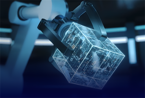 An industrial robotic arm handling a futuristic circuit cube, representing the advanced manufacturing and automation opportunities for auto suppliers in solid-state battery production.